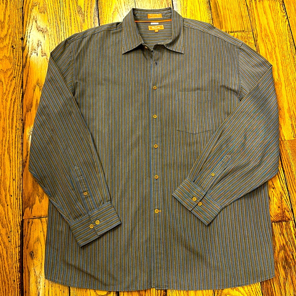 FAÇONNABLE JEANS MENS BLUE AND BROWN BUTTON UP STRIPED COTTON SHIRT SIZE XXL